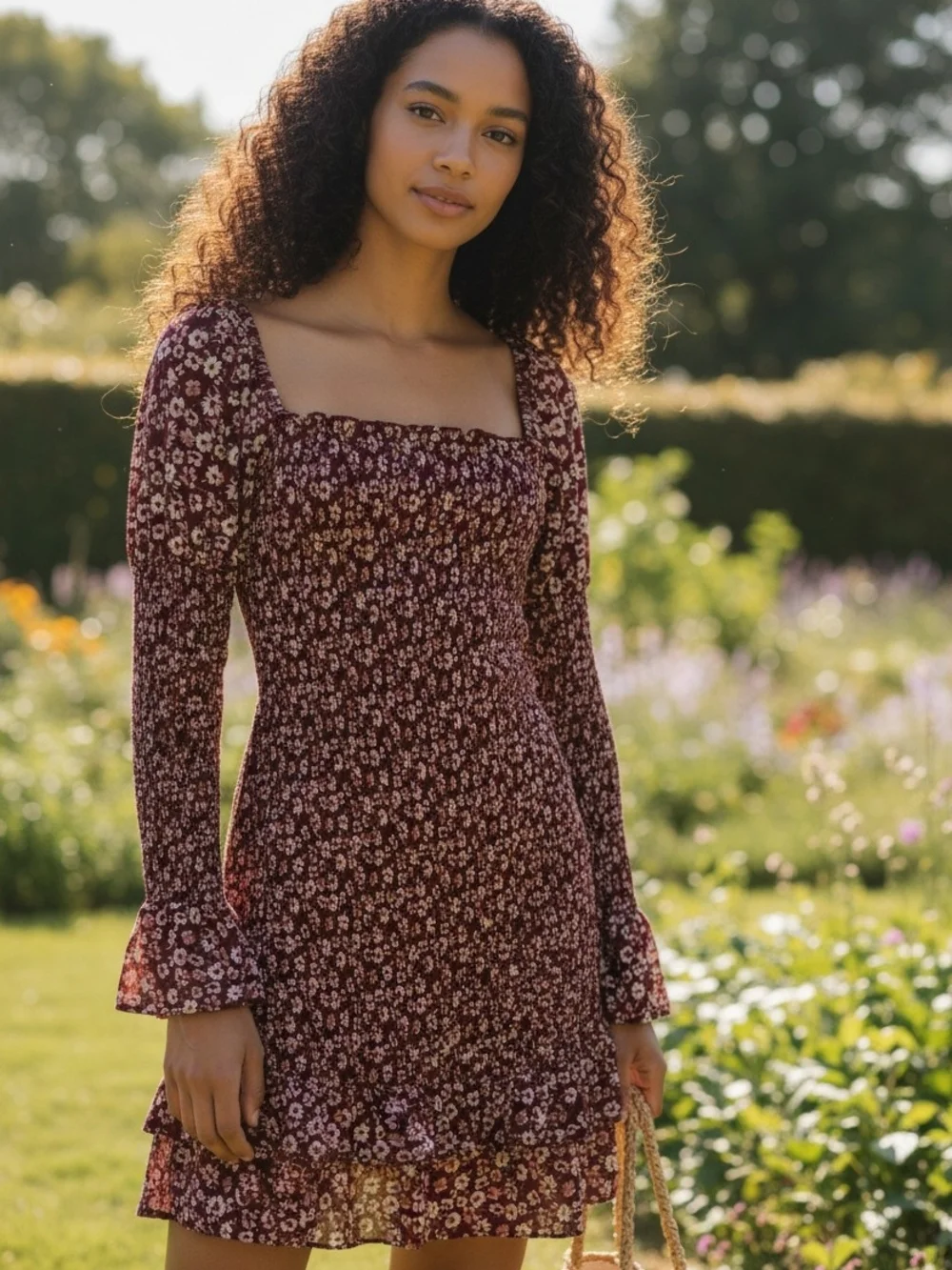 Vibe Sportswear Floral Square-Neck Long Sleeve Dress - Wine Red/Burgundy. - Picture 3 of 6